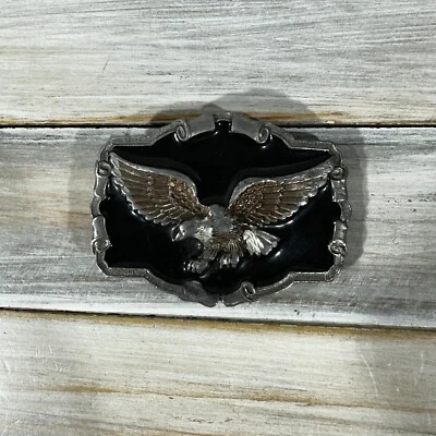 Boucle de ceinture vintage 1983 Eagle Made In USA visage émaillé noir aigle a... - Photo 1/4