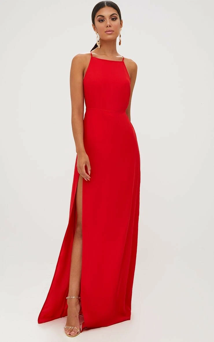 New PrettyLittleThing Red Strappy Back Detail Chiffon Maxi Dress