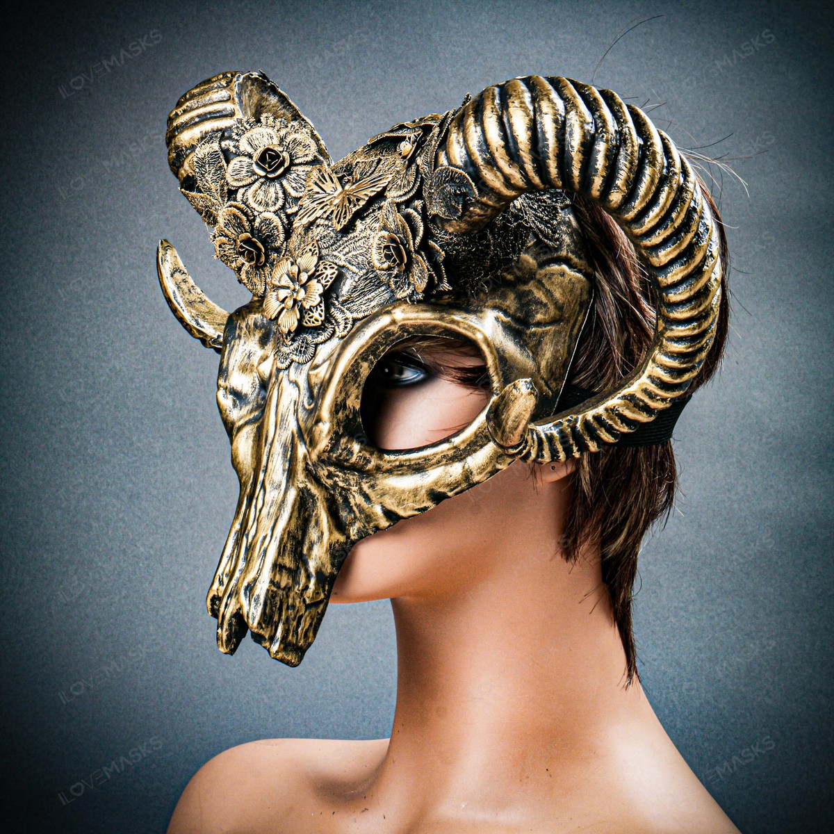 Gold Ram Horns Headpiece Floral Steampunk Gothic Masquerade Animal