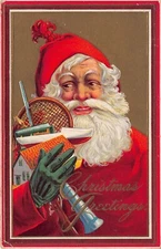 1912 Christmas Greetings Red Santa Claus Toys Postcard