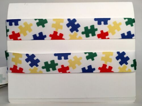 AUTISM AWARENESS WHITE 7/8" Grosgrain Ribbon 1, 3, 5, 10 Yards SHIP FROM USA - Picture 1 of 1