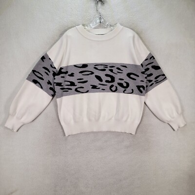 Ivory Leopard Striped Cozy Classic Balloon Sleeve Pullover Women Sweater Size XL