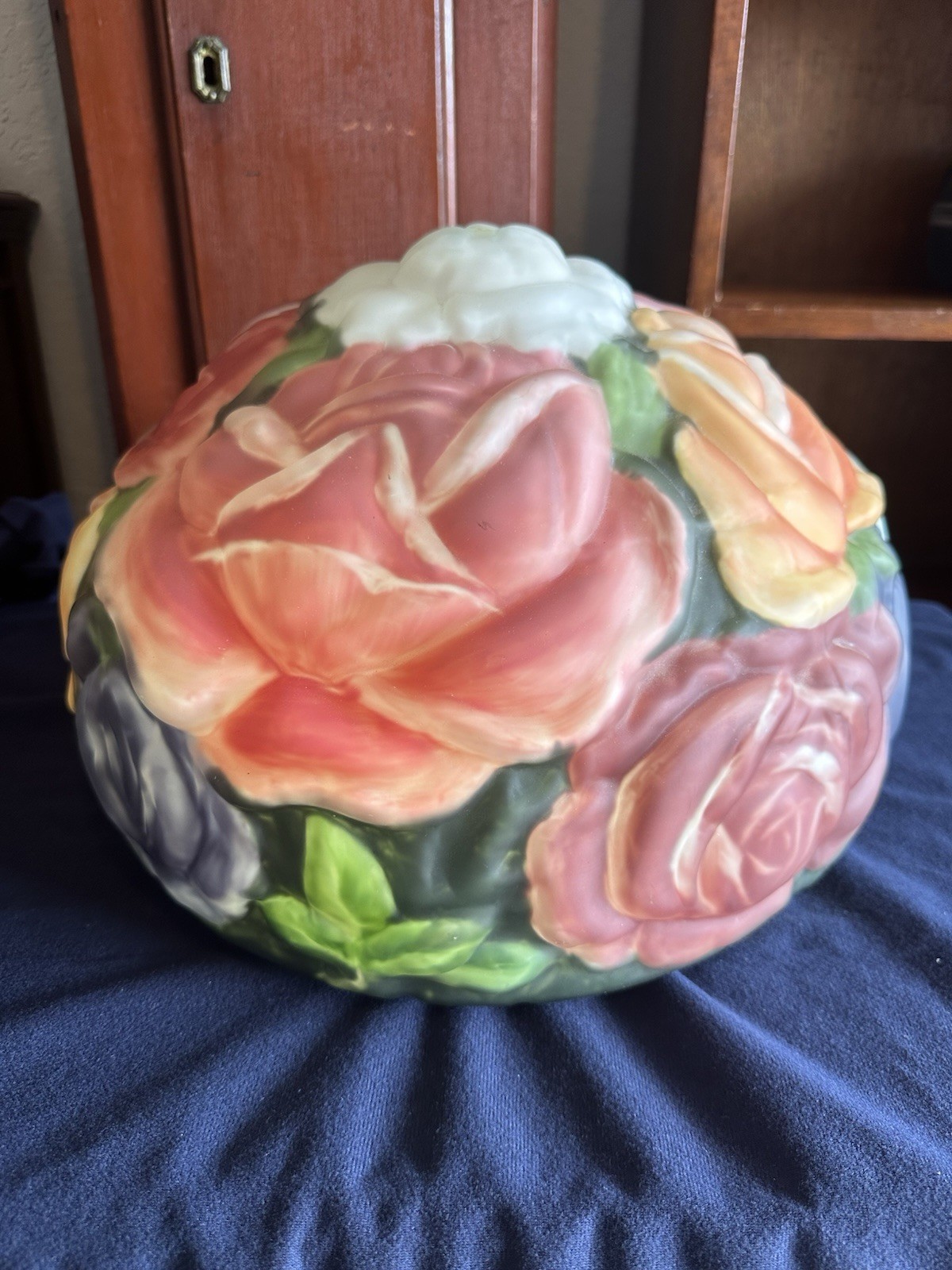 Vintage Embossed Floral Glass Lamp Shade Globe Roses Multicolor 13” × 9”