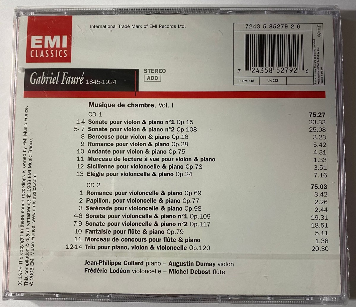 FAURE Chamber Music Vol 1 Jean-Phillippe Collard Michel Debost EMI
