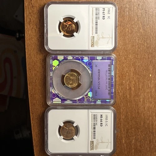 High Graded Lincoln Cent Lot.1941 PCGS M66RD, 1955S NGC MS66RD, 1962 NGC PF67 RD