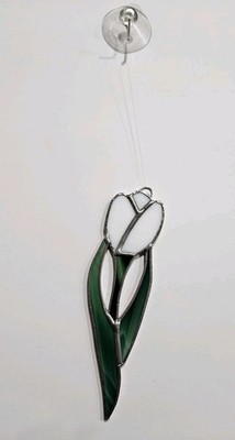 Vintage Stained Glass Suncatcher White Tulip w/Green Leaves 6'' with Suction Cup