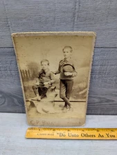 Antique Cabinet Card Photo Two Boys in Striped Outfits  C.P. Haas, Fremont, Ohio