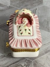 Vintage Baby in Bassinet Trinket Box w/ Hinged Lid Pink Floral Porcelain