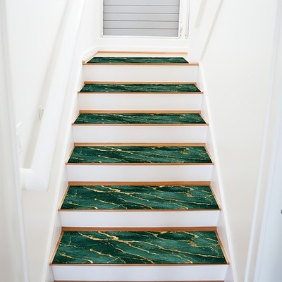 A Green And Golden Marble Patterned Stair Mat That Is Soft, Durable, Machine W