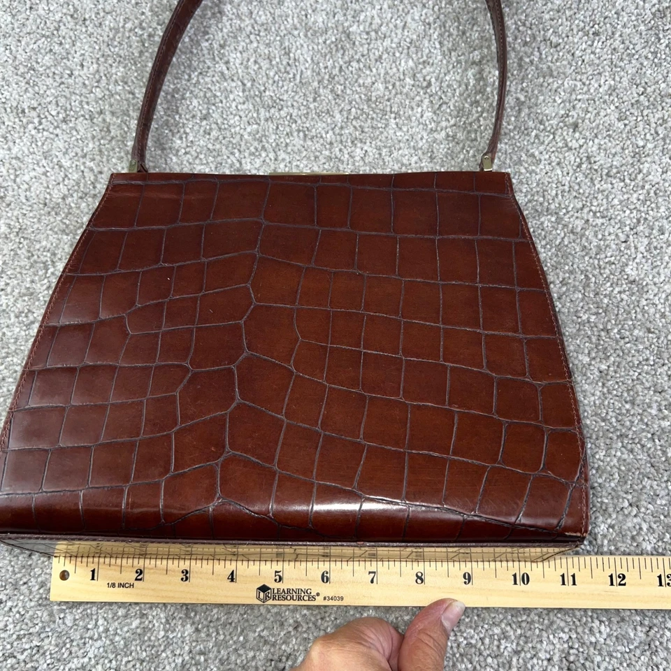 VTG Cole Haan Croc Embossed Leather Top Handle Bag Brown Gold Clasp Retro Chic - Image 4 of 4