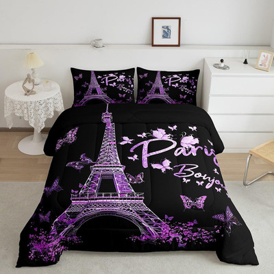 Feelyou Paris Eiffel Tower Comforter Set Girly Lavender Purple Bedding Set For