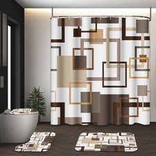 Geometric Brown Shower Curtain Set with Toilet Lid Cover and Non-Slip