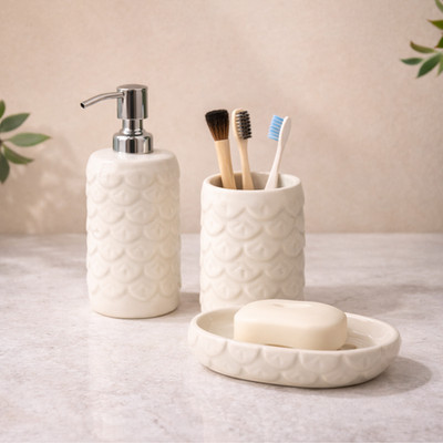 Luxury White Ceramic Bathroom Accessories Set of 3 | Soap Dispenser & Holder