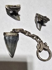 Vintage Ivana Cella Sterling Silver Fossil Shark Tooth Keychain & Cuff Links Set