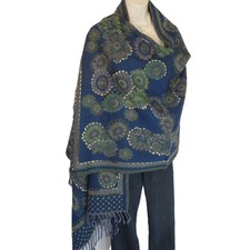 Yak/Sheep Wool Blend Stitched Embroidery Shawl Handcrafted Nepal  Blue  Green