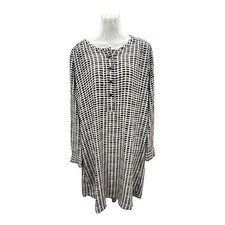Loft Large Long Sleeve Shift Dress Black Tan Grid Button Up Tunic Poly V-Neck