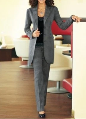 2tlg. Vivien Caron Damen Hosenanzug Set Grau Streifen Longblazer Hose Business - Bild 1 von 2