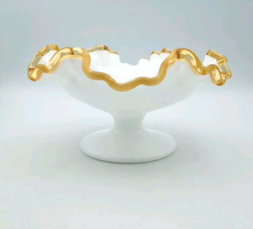 VTG Fenton Gold Crest Crimped Ruffled Rim Compote Candy Dish - Very Nice