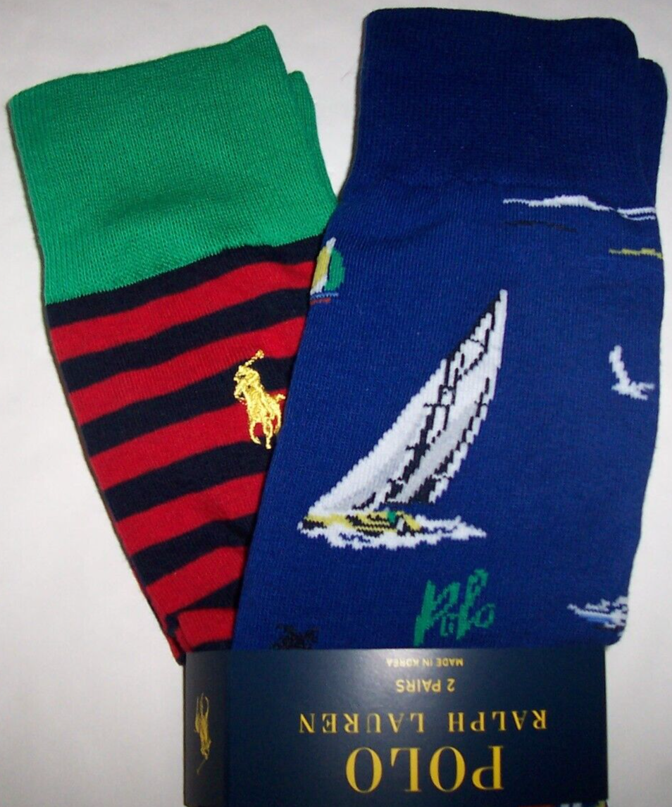 Polo Ralph Lauren 2 PAIA Calze Pantalone Uomo 10 13 Blu BARCA STRIGHE PONY Nuove con etichette