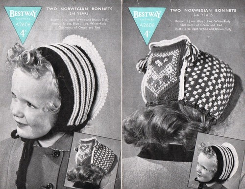 ~ Vintage 40er Jahre Bestway Strickanleitung für zwei Kleinkind Norweger Hauben ~