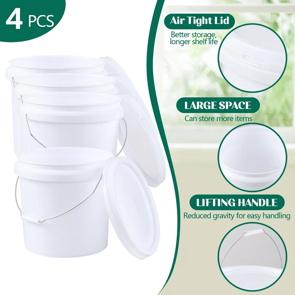 4-Pack 4 Gallon Round Plastic Bucket with Lids Food Grade Storage Pail Container - Image 2 of 4