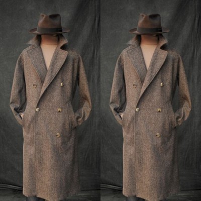 Brown Herringbone Men Overcoat Double Breasted Leisure Winter Outdoor Warm Wear