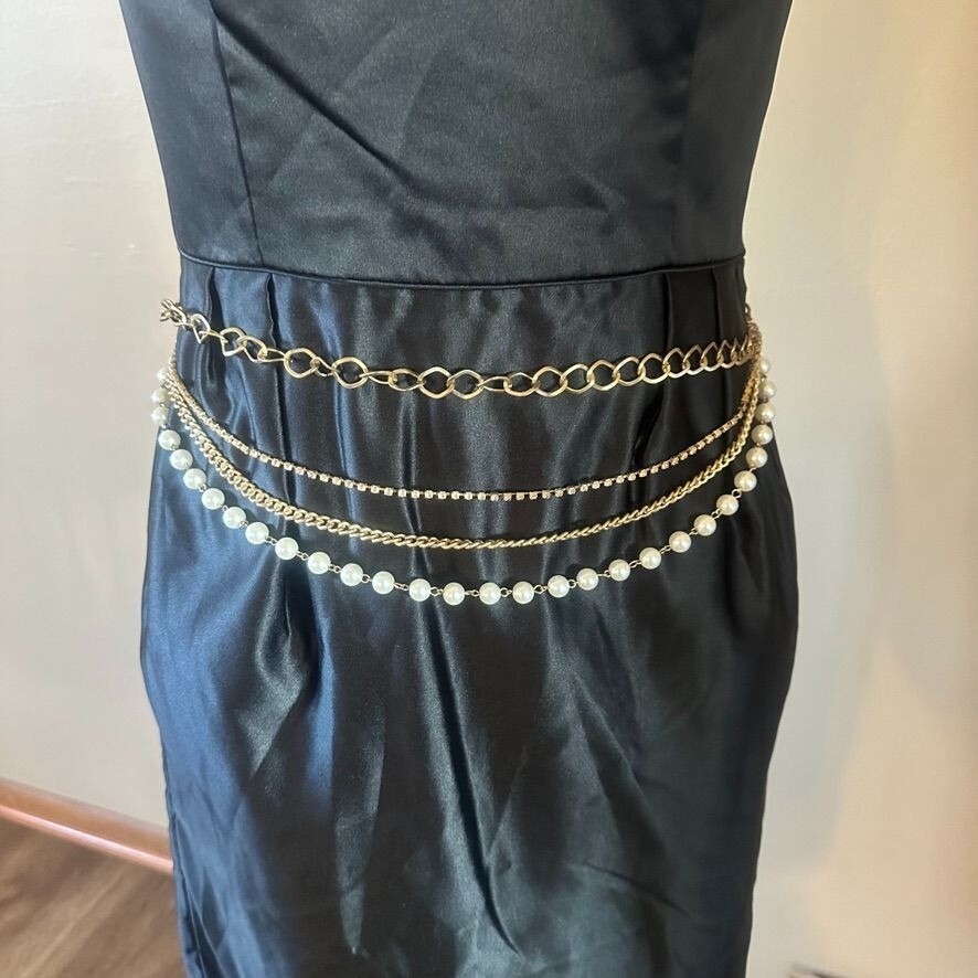 Vtg Pendant Draping Waist Chain Faux Pearl Gold Multi Layer  display picture 3