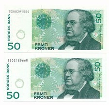Norway 50 Kroner 1996 & 1998 P. 46/ 46a EF/gEF- 2 Notes Asbjørnsen