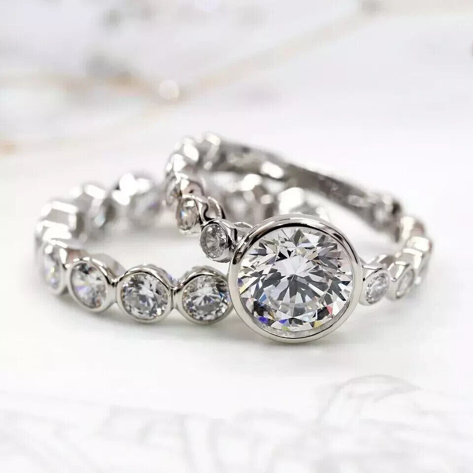 Stacking Bezel Set Wedding Ring Set 14K White Gol… - image 2