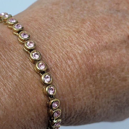 Vintage Signed Avon Pink Rhinestone Gold Tone Circle Box Chain Tennis Bracelet - Picture 6 of 11