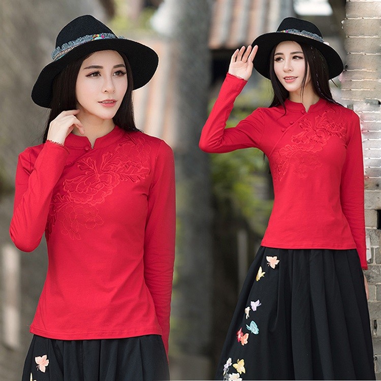 Chinese Style Women Casual Long Sleeve Cheongsam collar T
