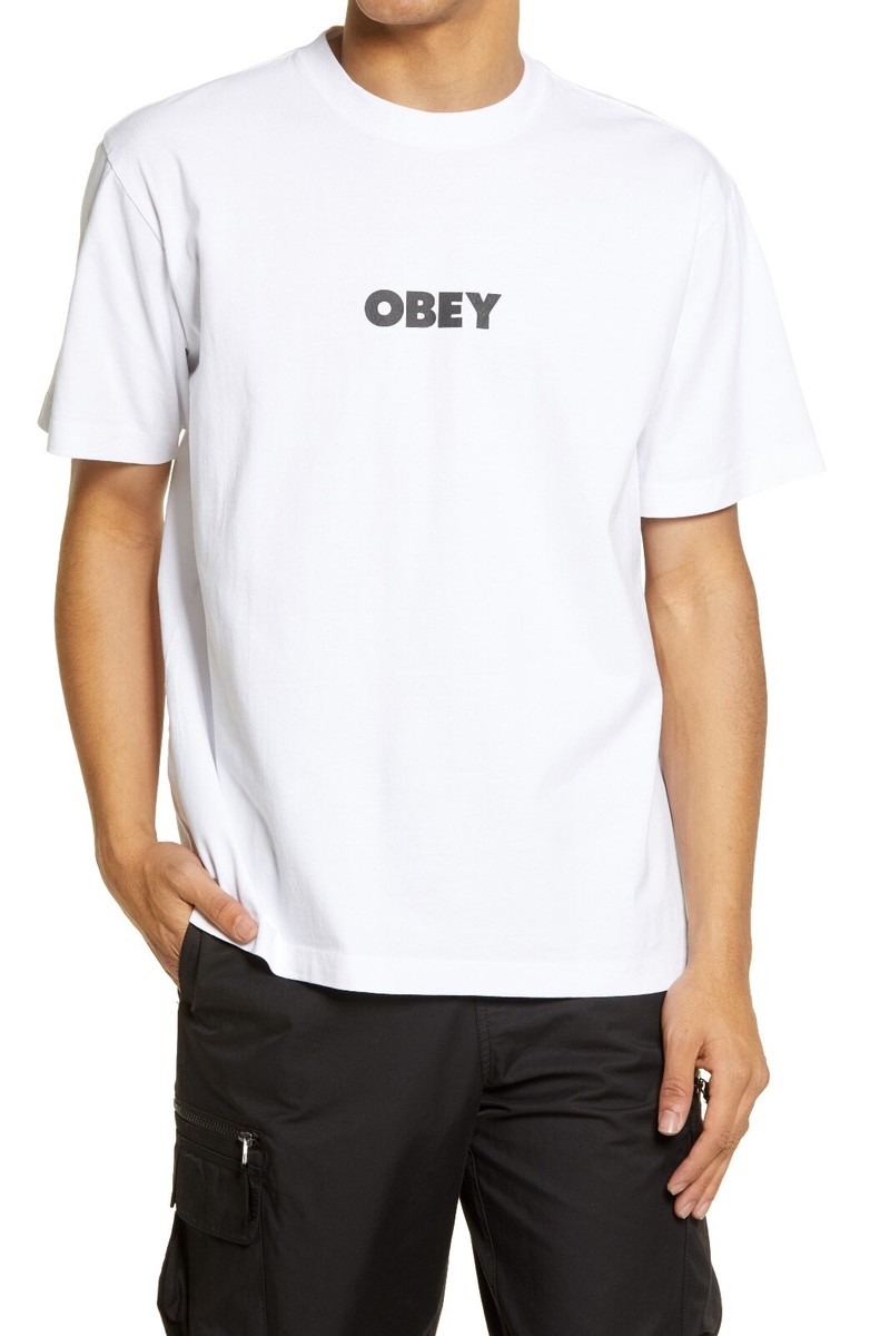 Tシャツ・カットソー OBEY Men T-shirt White 165264048 WHT NWT OBEY Men's Bold Ideals Logo Organic Cotton T-Shirt White