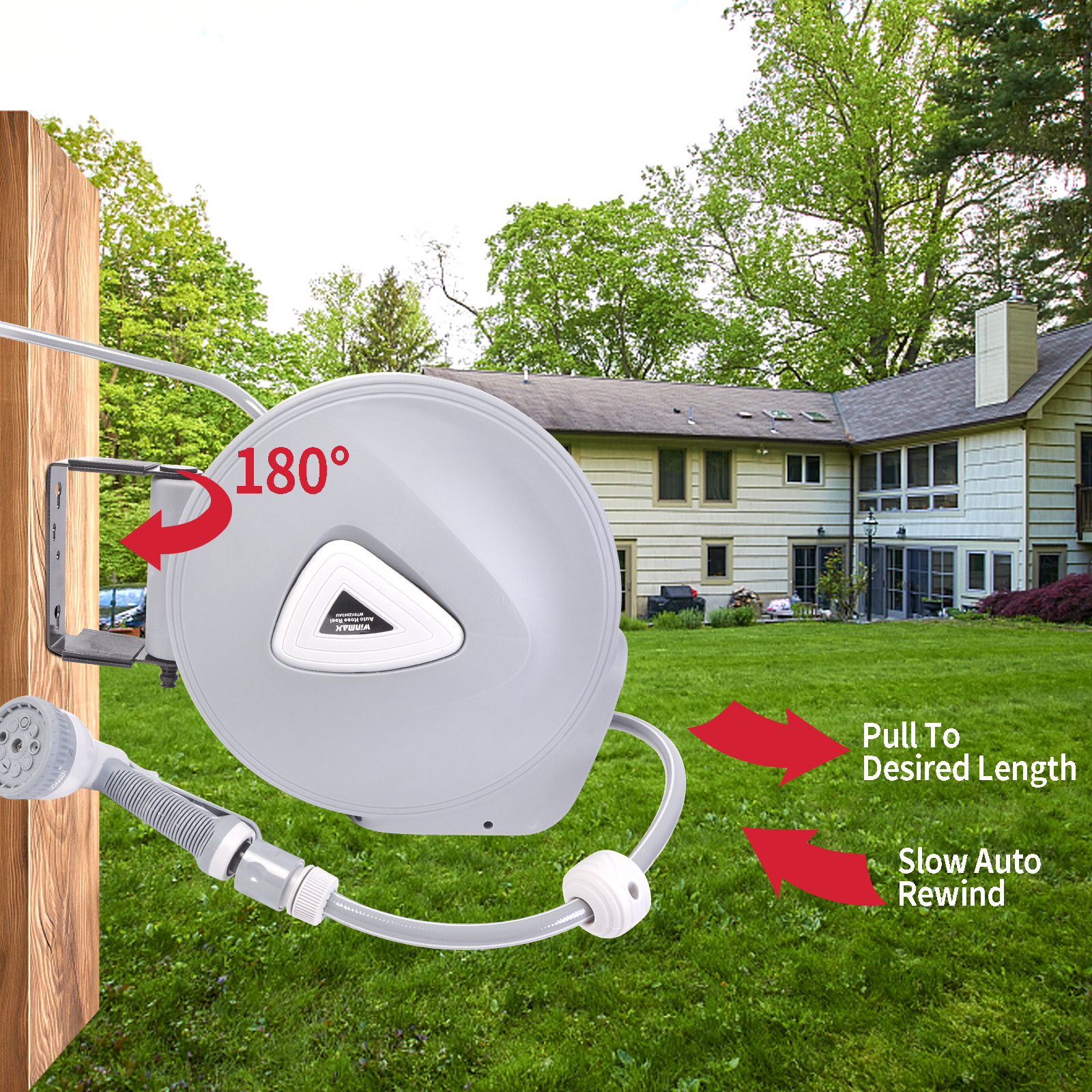 65 ft Wall Mount Retractable Garden Water Hose Reel Brass Spray Gun Hose Reel