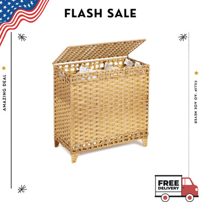 132L Handwoven Rattan Laundry Hamper 3 Removable Liner Bags Lid 3 Sections