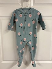 Carter  s Baby Girls Blue Pink Flowers Fleece Footie Pajamas Zip Up Sz 12 Months