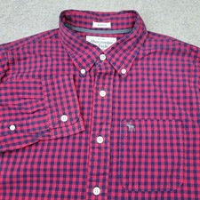 Abercrombie Fitch Muscle Shirt Mens M Red Blue Gingham Plaid Long Sleeve Button