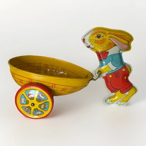 Rabbit Pushing Egg-Shaped Cart - Vintage Toy - J. Chein & Co.