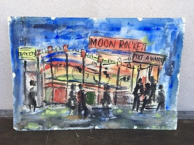 Space-Age Watercolor Of The Moon Rocket Tilt-A-Whirl Carnival Ride
