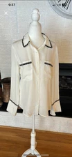Laundry by Shelli Segal Long Sleeve Button Front Egret Blouse Boucle Trim M NWT