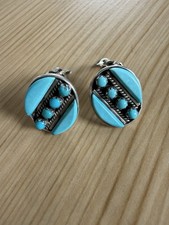 Vintage REYNETSA LELAND RL Zuni srebro sterling turkusowe kolczyki z klipsem