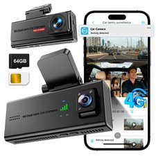 4G LTE Dash Cam with SIM Card, Live Streaming Car Security Camera Front & Cab...