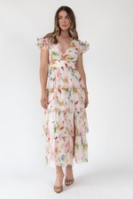 Astr the Label X3512 Emporia Ruffled Tiered Maxi Dress, Cream Pink Floral, L