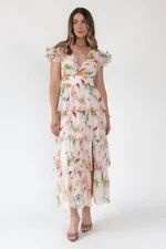 Astr the Label X3512 Emporia Ruffled Tiered Maxi Dress, Cream Pink Floral, L