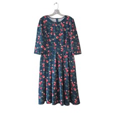 Floral Rose Midi Dress Women's Large Navy Blue Retro Pockets Tea Party Feminine