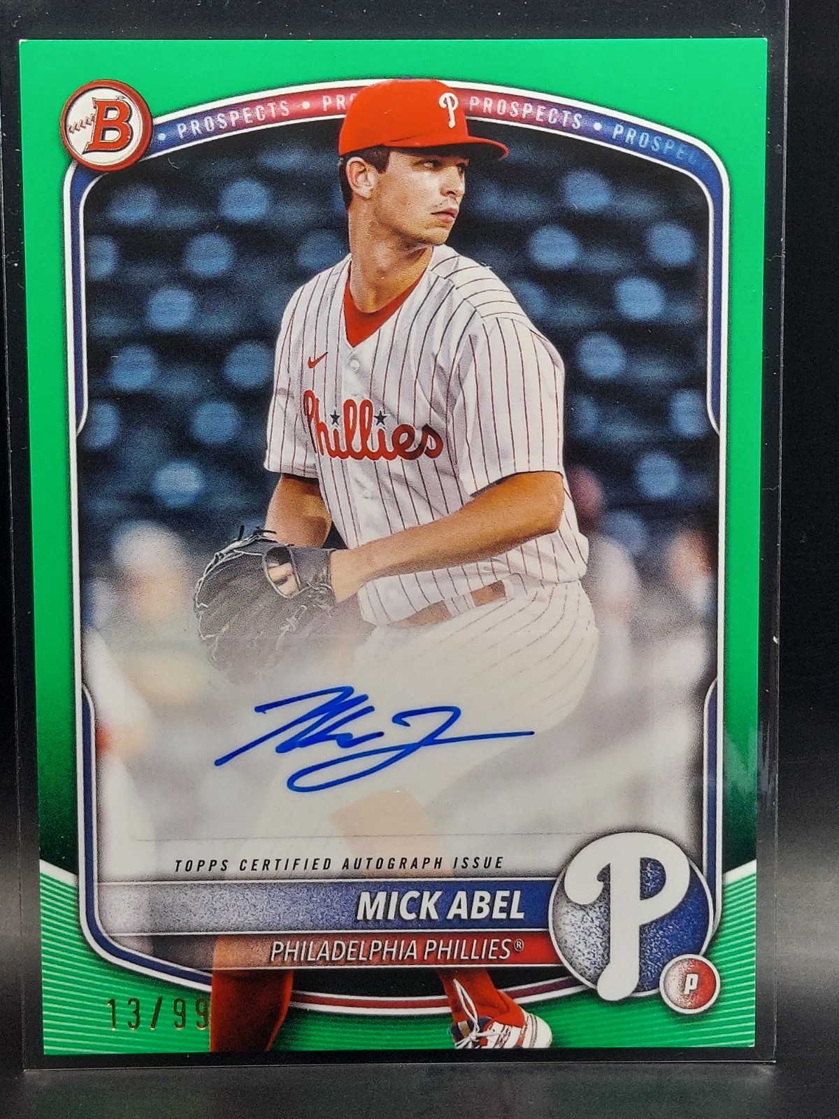 2025 Bowman Baseball Mick Abel Green Paper Border Auto /99 Card #BPA-MA Phillies