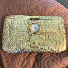 Narmi Gold Alligator Print Folding Wallet Watch Accent Snap, ID Window