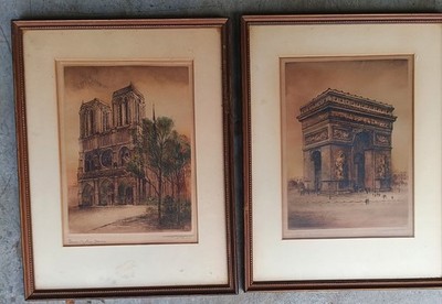 Antique T. Roux Hand Colored Etchings Pair Paris France Architecture Set Signed