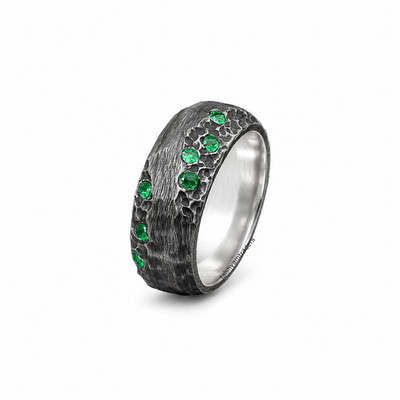 Sterling Silver Green Emerald Hammered Textured Band Ring Men Women Rustic