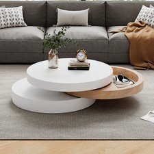 Coffee Table w/ 360° Rotating Layers & Hidden Storage, White + Wood, 60x60x35cm