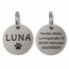 Hundemarke mit Gravur Personalisiert Edelstahl beidseitig Name Telefon 30 mm